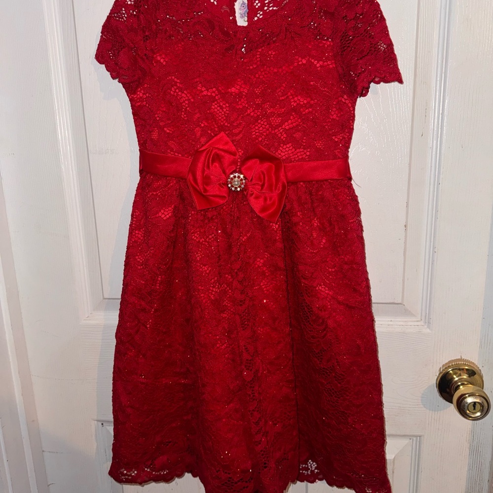 Rare Editions Red Lace Kids Dress with Bow
